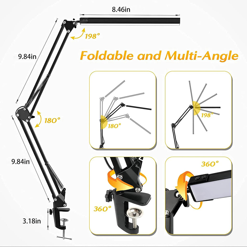 Eye-Caring LED Folding Metal Desk Lamp Adjustable Brightness Levels Flexible Rotating Lamp Head for Home Reading PC