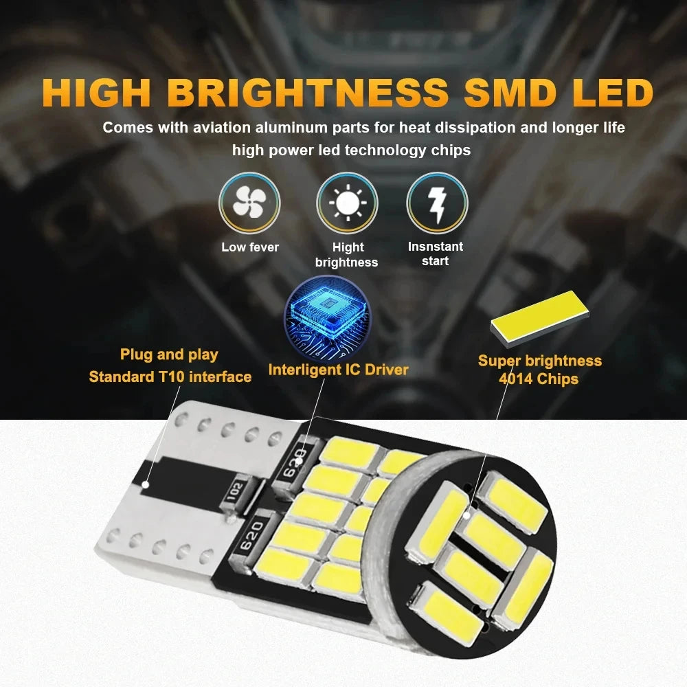 10PCS W5W T10 Led Bulbs Canbus 4014 SMD 6000K 168 194 Led 5w