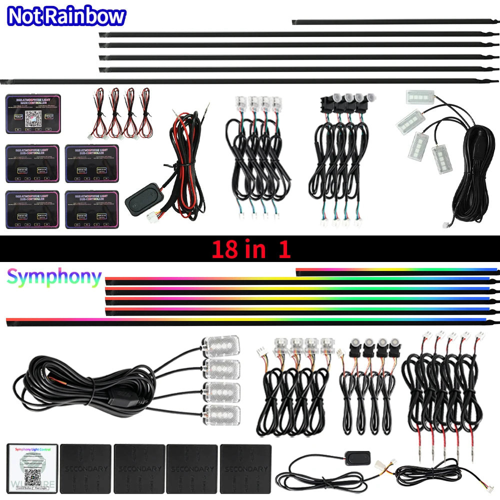 6/10/18 in 1 Car Ambient Light 64 Colors RGB Symphony Streamer Acrylic Hidden Music LED Strip Atmosphere Lamp Kit APP Control