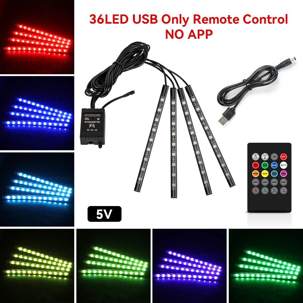 72/48/36 LED RGB Car Foot Ambient Light with USB Cigarette Automotive Interior Lights Strip Decoration Bar Remote/Voice Control