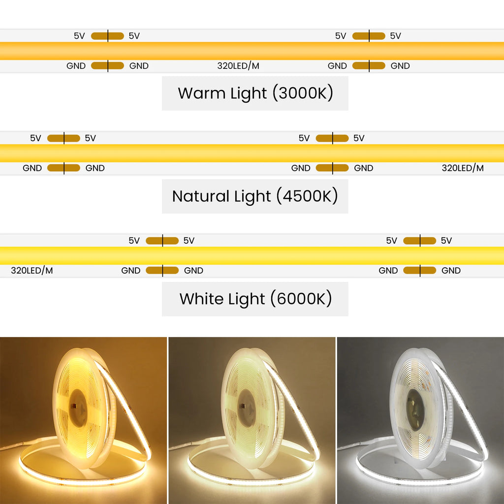 3AA Battery Box COB LED Strip 5V 8MM 320LEDs/m Warm Natural 