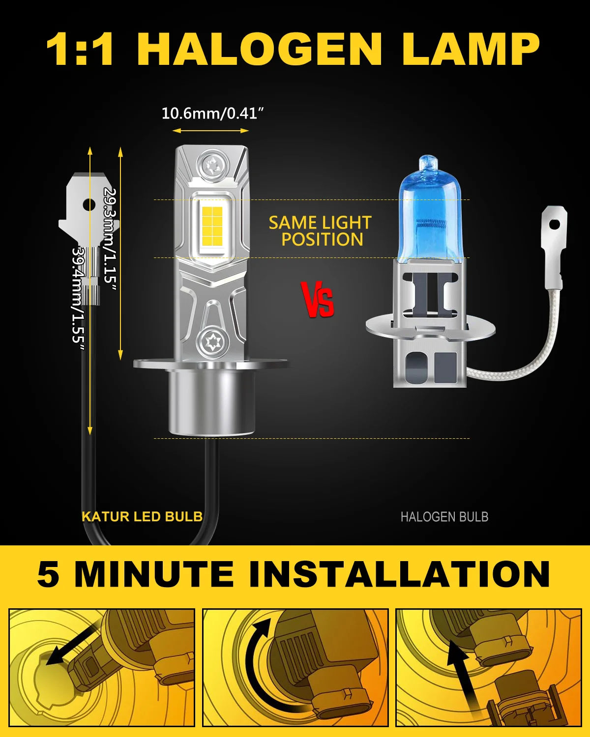 Katur 2Pcs Super LED H3 Fog Lamp Fanless H3 LED Canbus Mini 