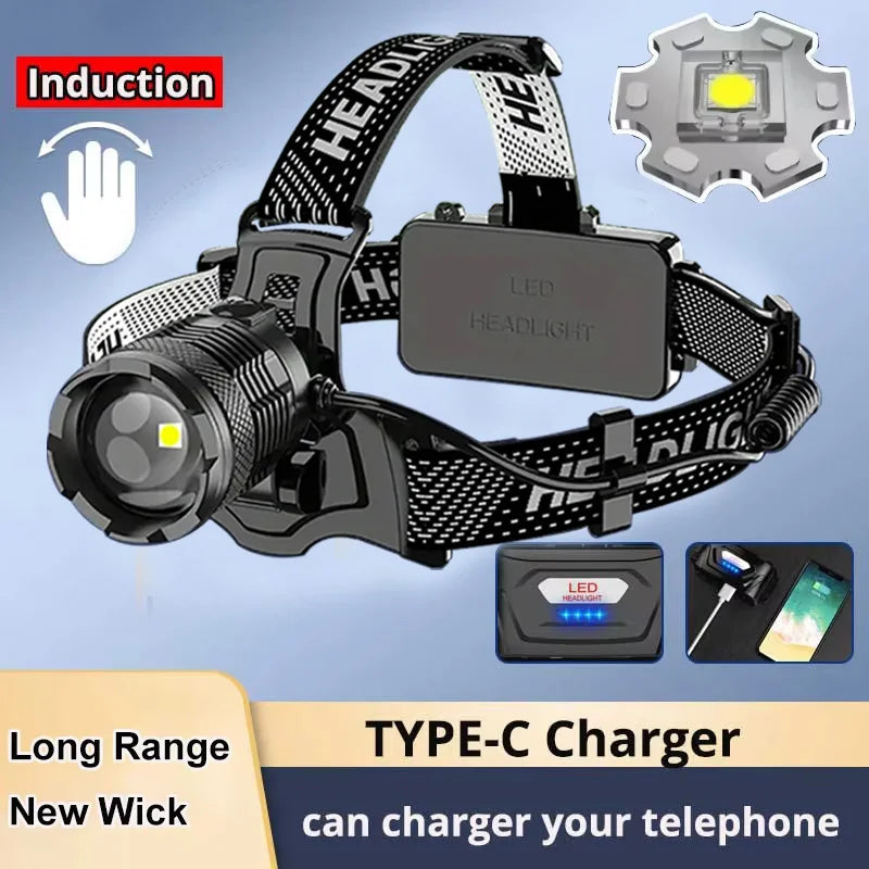 2024 Newest Powerful LED Headlamp 800W LED IR Sensor Rechargeable Headlight 3500M Super Bright Head Flashlight Fishing Lantern