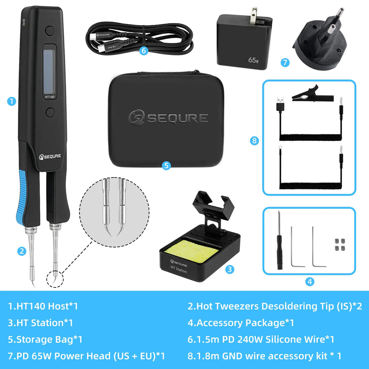 SEQURE HT140 Desoldering Tweezers Portable 2 in 1 Soldering Iron with 1.8m GND Wire Accessory Kit