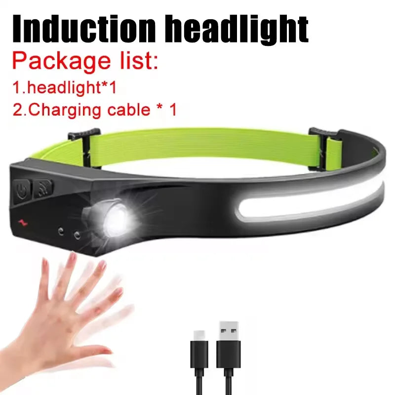 Powerful LED Headlamp COB Induction Rechargeable Head Flashlight Safety Lighting Head Torch for Outdoor Camping Cycling Fishing