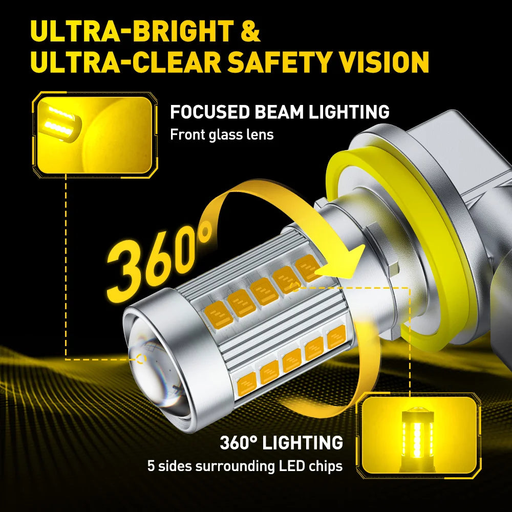 2Pcs Spotlight H8 H11 LED 9006 HB4 Yellow/White Fog Lamp Pro