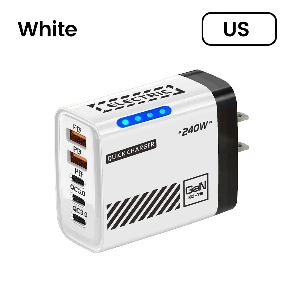 240W QC3.0 PD 5 Ports GaN Fast Charger US/EU Plug Phone Charging Head Adapter with LED Light for iPhone Samsung Huawei Xiaomi