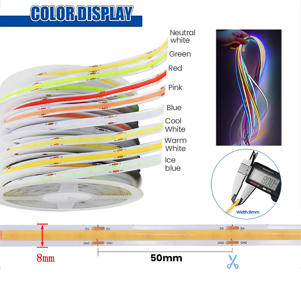 5V USB COB Led Strip Light White/Red/Green/Pink/Ice Blue/Yel