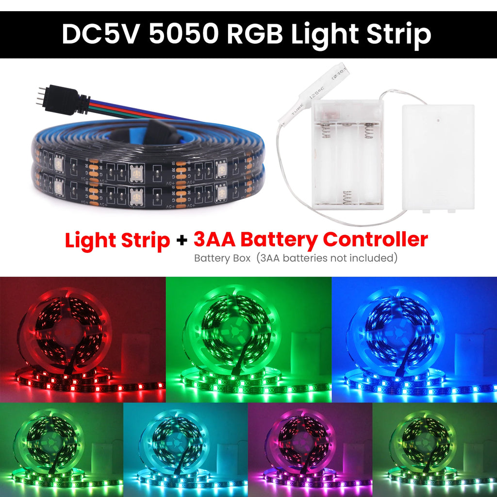3AA Battery Power RGB Led Strip Light 5V 5050 with 3/17/24Ke
