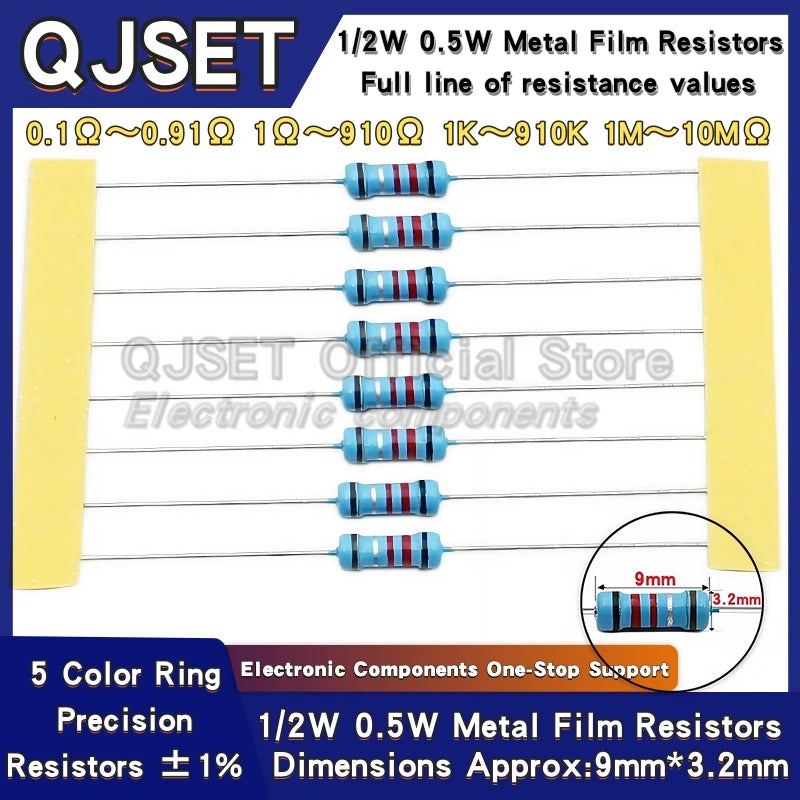 50pcs 1/2W Metal Film Resistors 1% 0.5W 10R 15R 47 100 200 2
