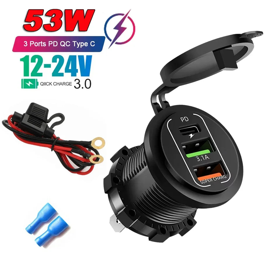 Car Charger PD+QC3.0 USB TYPE-C Charger Waterproof Power Socket Power Adapter Universal 12-24V for Motorcycle Truck ATV Boat