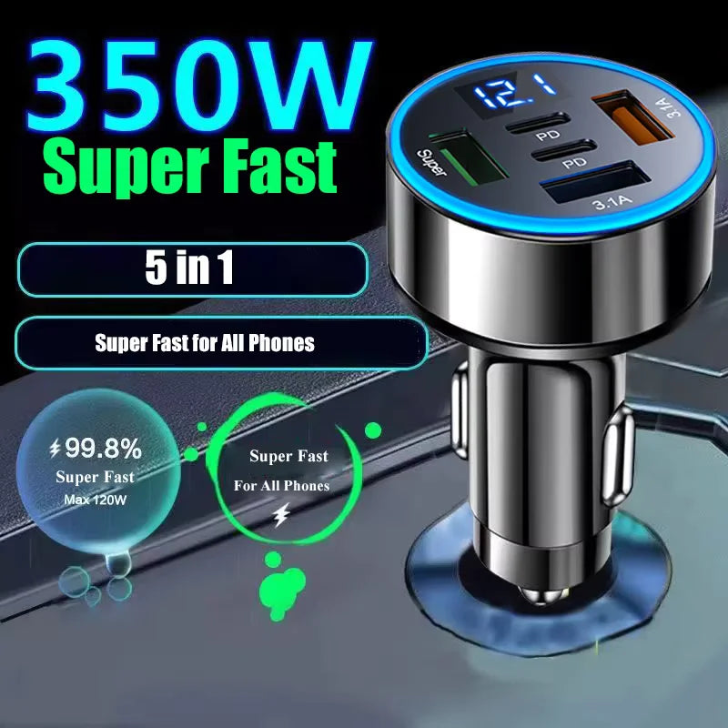 5 in 1 USB Car Phone Charger Adapter with Voltage Display Du