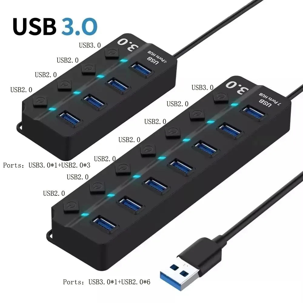 USB 3.0 Hub with 4 or 7 Ports Independent Switch Control Sui