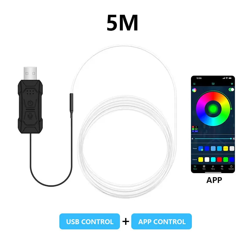 2/3/4/5M RGB Car Interior Atmosphere Light Ambient LED Light Strip USB Fiber Optic Atmosphere Lamp Support APP Wireless Control
