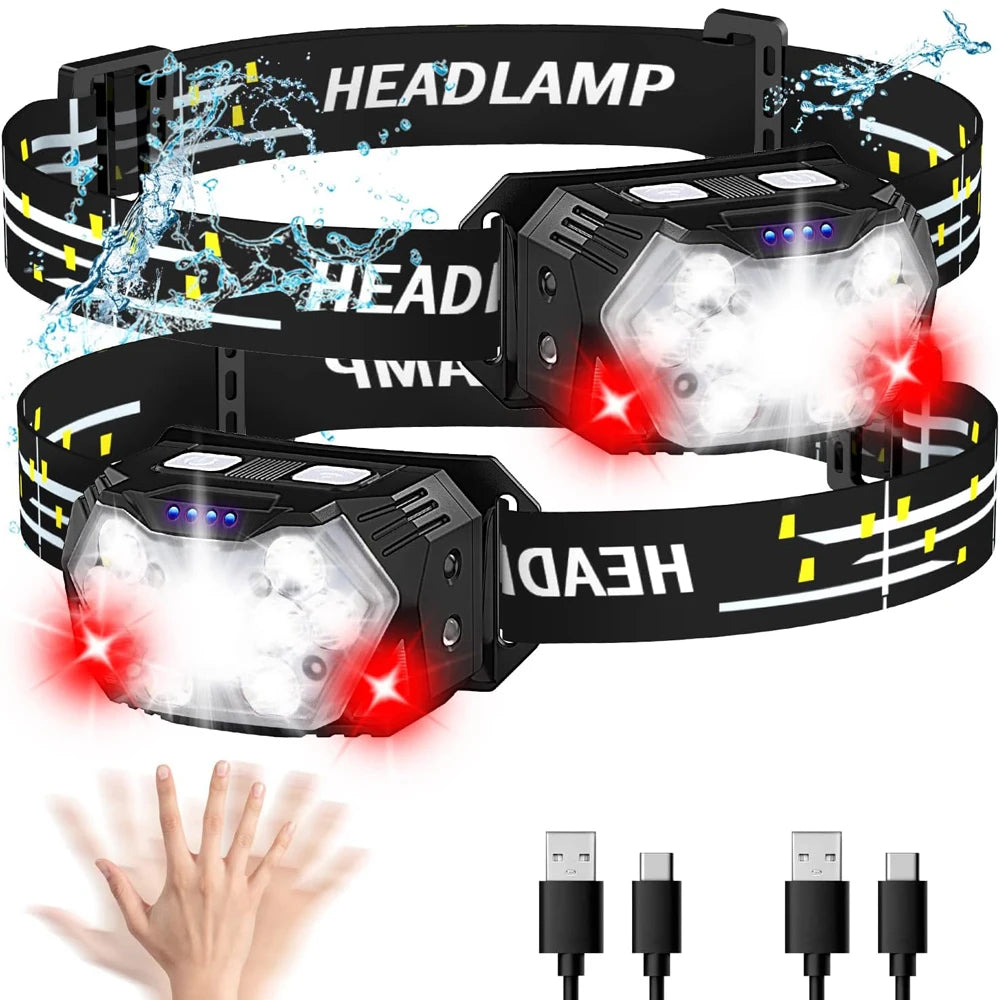 New 2000LM Ultra Bright 9 LED Headlamp USB C Rechargeable He