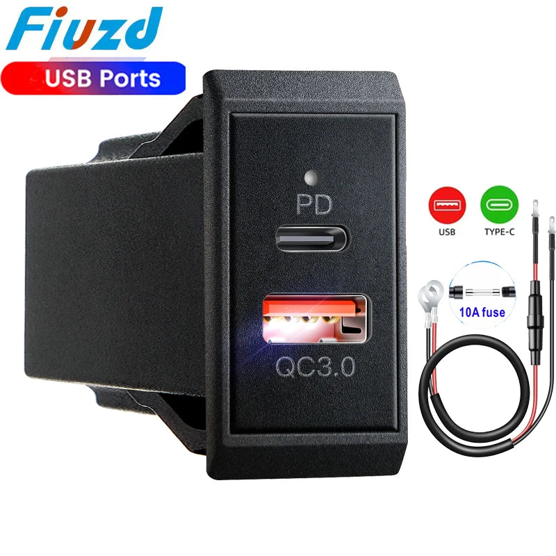 Car Charger Socket PD3.0 & QC3.0 Double USB C Ports Waterproof with LED 54W Fast Charging 12V/24V For Moto Adapter