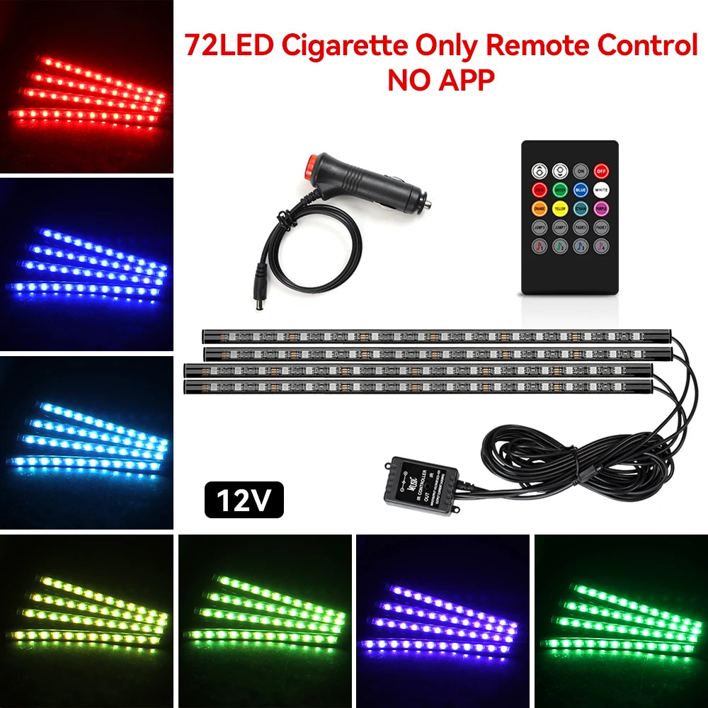 72/48/36 LED RGB Car Foot Ambient Light with USB Cigarette Automotive Interior Lights Strip Decoration Bar Remote/Voice Control