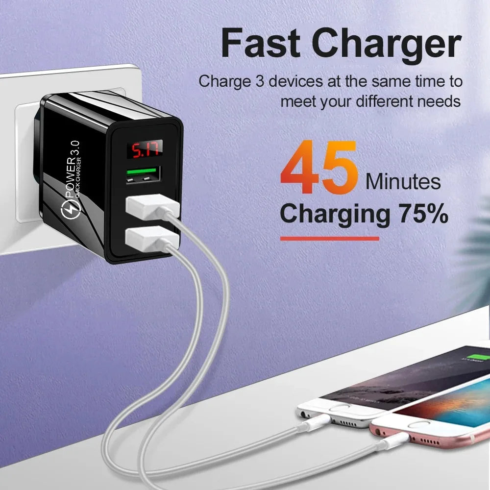 USB Charger 3 Ports Quick Fast Charging Wall Adapter with LE