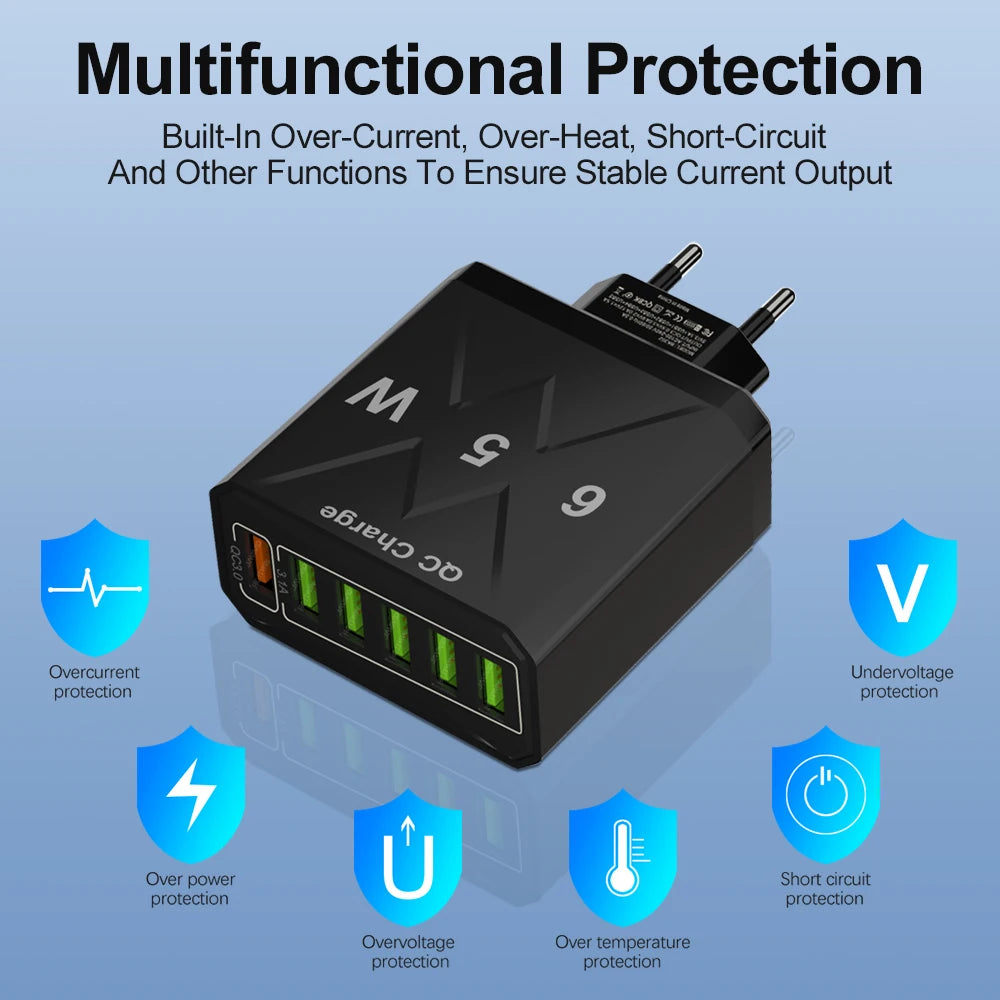 6 Ports USB Charger Fast Charging QC3.0 Travel Charger For I