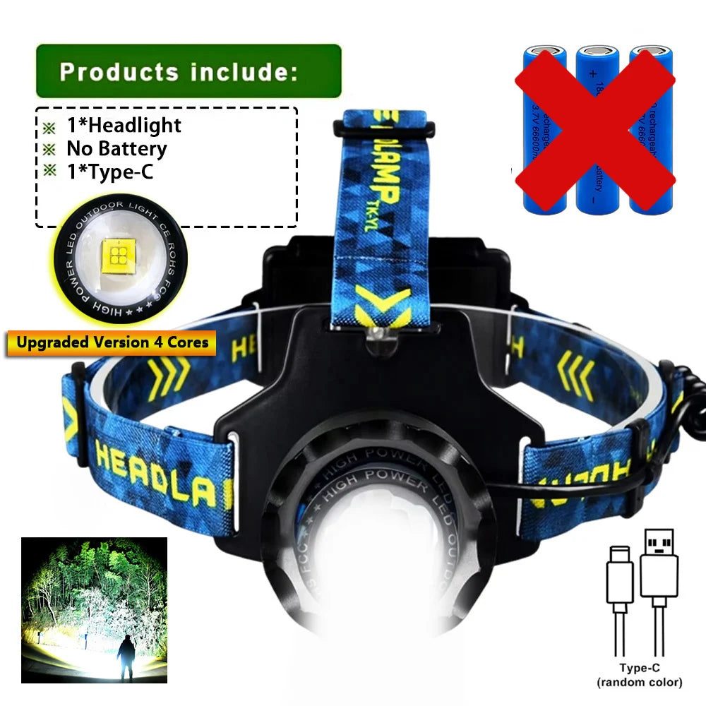 Headlamp Upgraded Version 4 Cores Super Long Range Powerful LED High Power Zoom Headlight Strong Light Head Lamp Fishing Hiking
