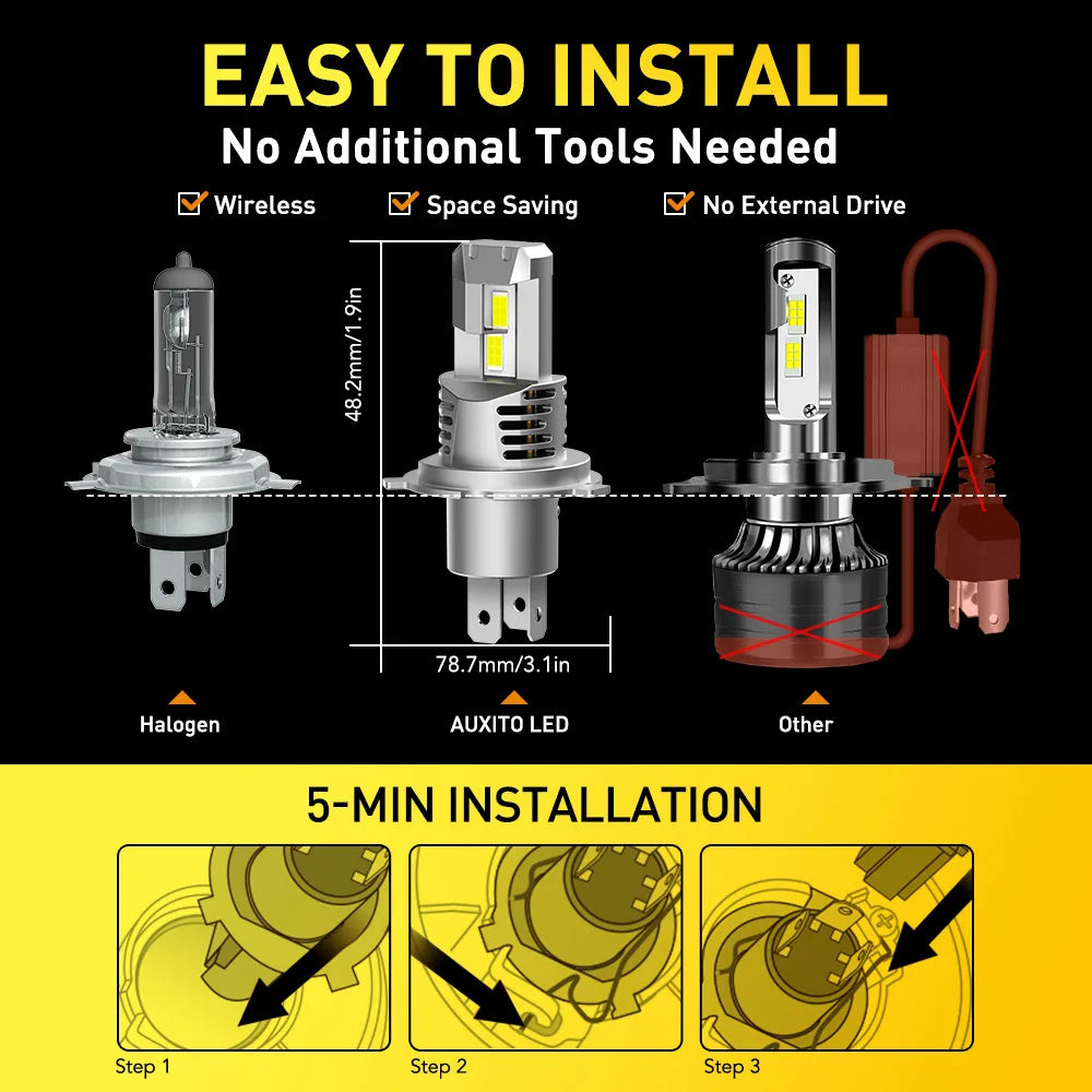 AUXITO 2Pcs H4 LED Light Canbus No Error H4 Car LED Headligh