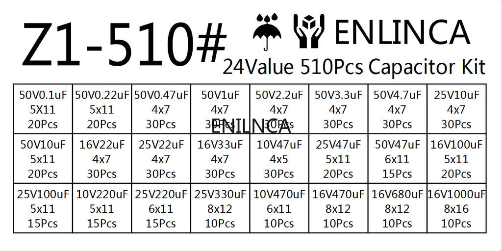 510Pcs/lot 0.1UF-1000UF 24Values Aluminum Electrolytic Capac