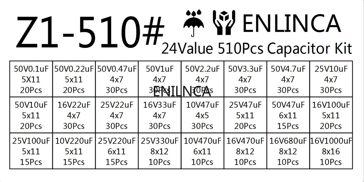 510Pcs/lot 0.1UF-1000UF 24Values Aluminum Electrolytic Capac