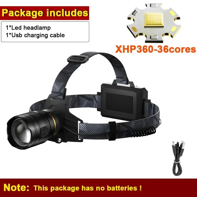 Super Bright XHP360 LED Headlamp USB Rechargeable Powerful Headlight Zoom Head Flashlight Waterproof Lamp For Camping Fishing