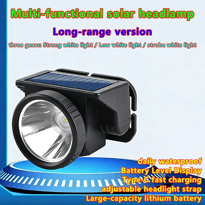Solar + USB Rechargeable LED high brightness Headlamp Long-Range Head Flashlight Outdoor Waterproof Camping Fishing Headlight