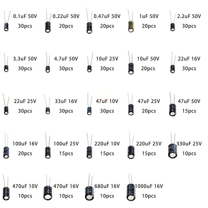 500Pcs/lot 0.1UF-1000UF 24Values Aluminum Electrolytic Capac