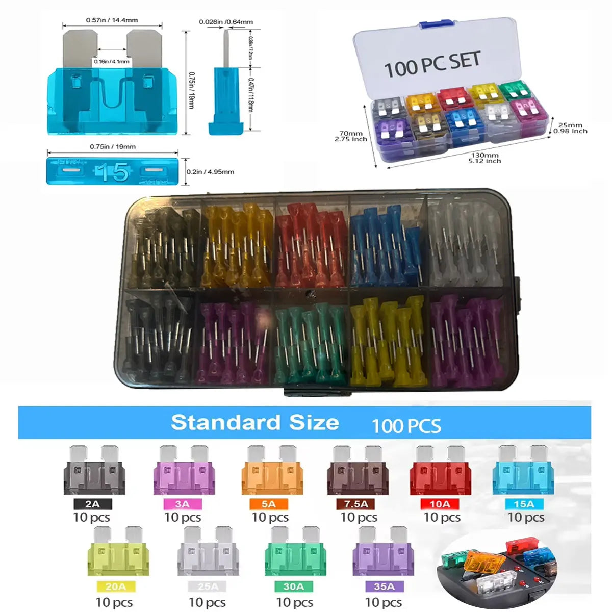 100pcs Standard Car Fuses 2A 3A 5A 7.5A 10A 15A 20A 25A 30A 