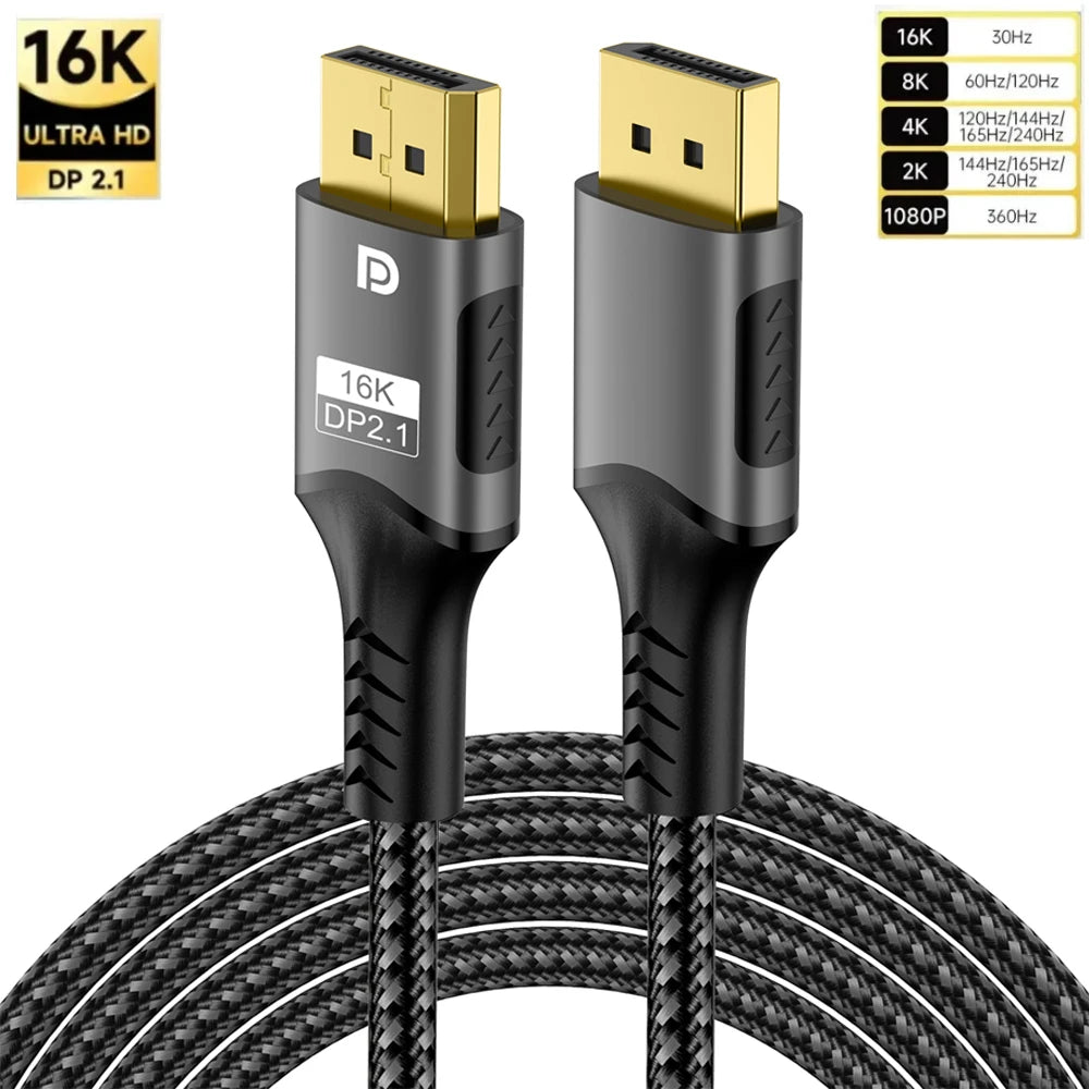 16K DP Cable 8K 120Hz/60Hz 4K 240Hz 80Gbps Displayport 2.1 HDR Video Audio Cable for Laptop Xbox Projector Gaming Monitor