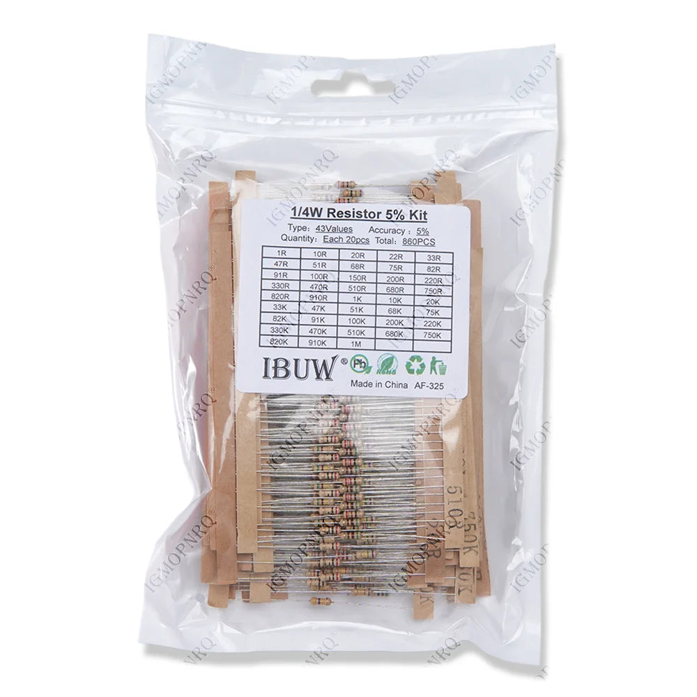 860pcs/lot Carbon Film Resistor Kit 1/4W 5% resistors assort