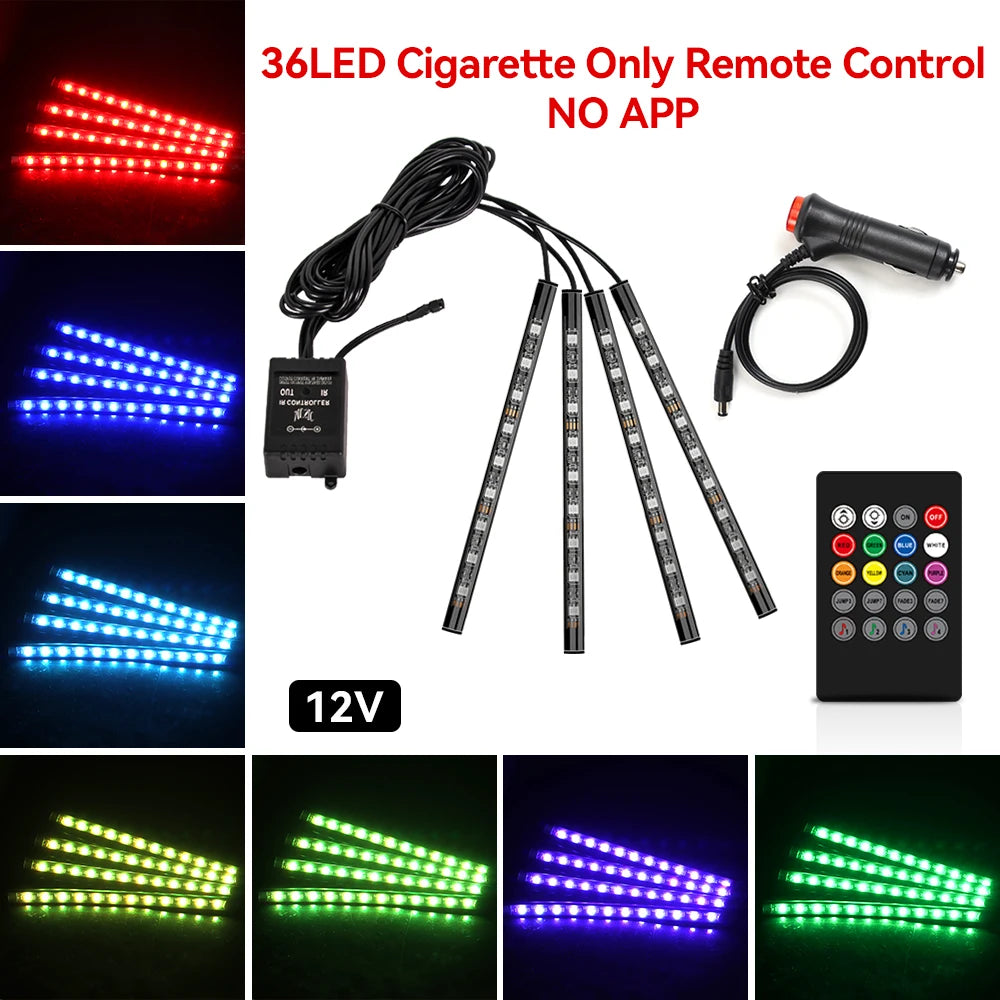72/48/36 LED RGB Car Foot Ambient Light with USB Cigarette Automotive Interior Lights Strip Decoration Bar Remote/Voice Control