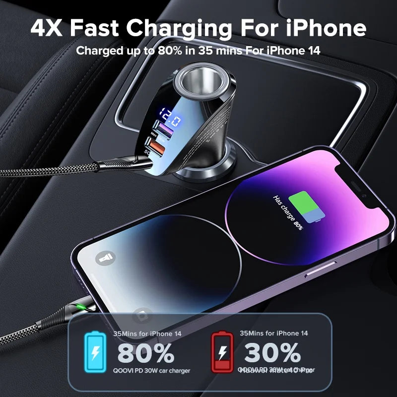 QOOVI 150W 4-Ports Car Charger USB Type C Super Fast Chargin