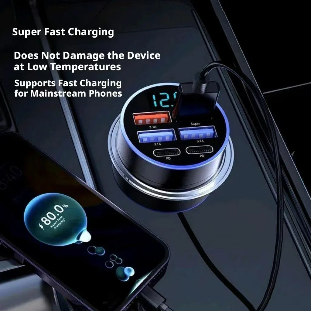 6 in 1 Car Charger Fast Charging LED Voltage Display Multi P