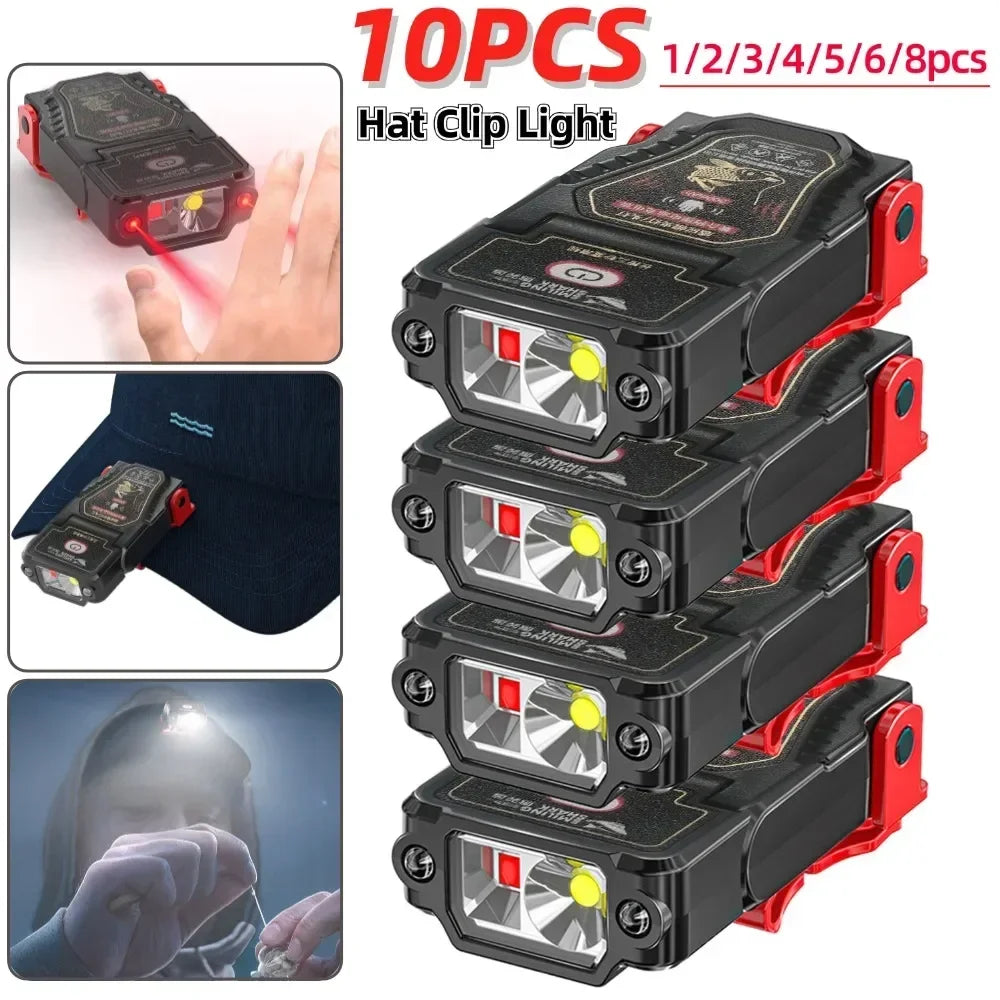 1-10PCS Mini Sensor LED Headlamp Hat Cap Clip Lights Recharg