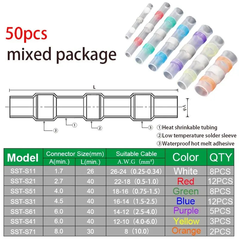 50PCS Heat Shrinkable Wire Connectors SST21 Waterproof Sleev