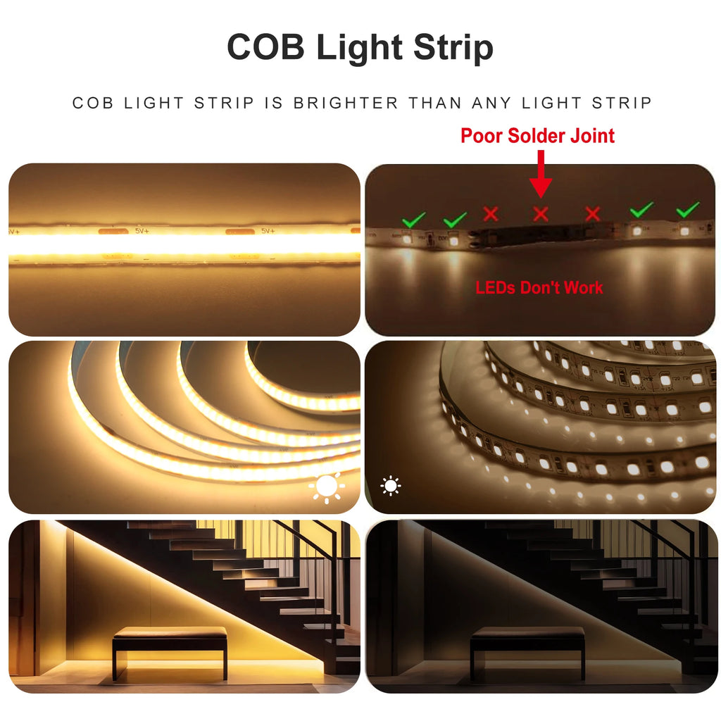 3AA Battery Power COB LED Strip Light 5V 320LEDs/M 1m 2m 3m 