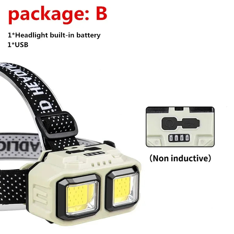 Powerful LED Headlamp COB Induction Rechargeable Head Flashlight Safety Lighting Head Torch for Outdoor Camping Cycling Fishing
