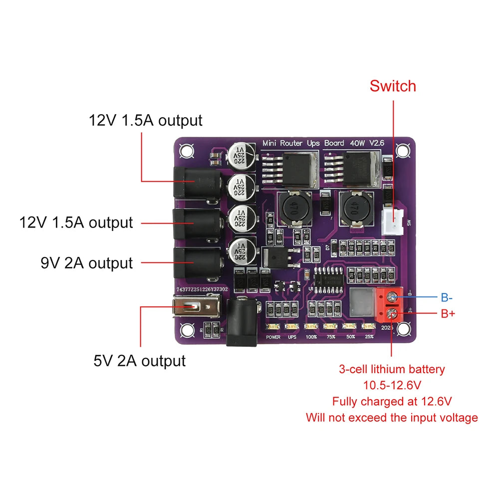40W Battery Charging Board 4-Port Mini Router UPS Board 11.1
