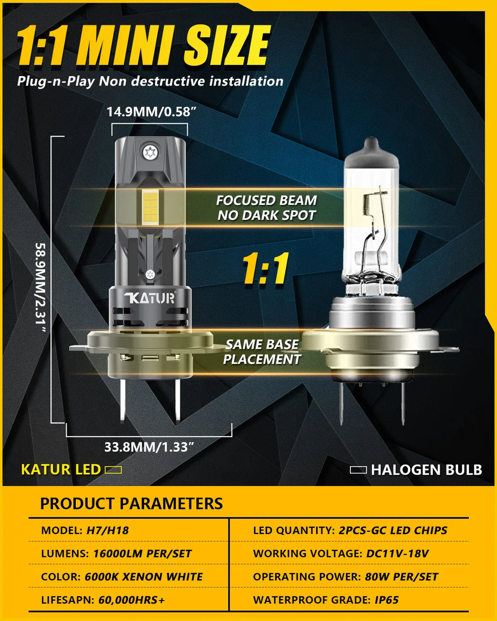 Katur H7 LED Headlight Bulbs 80W 16000LM H7 H18 Headlight Ca
