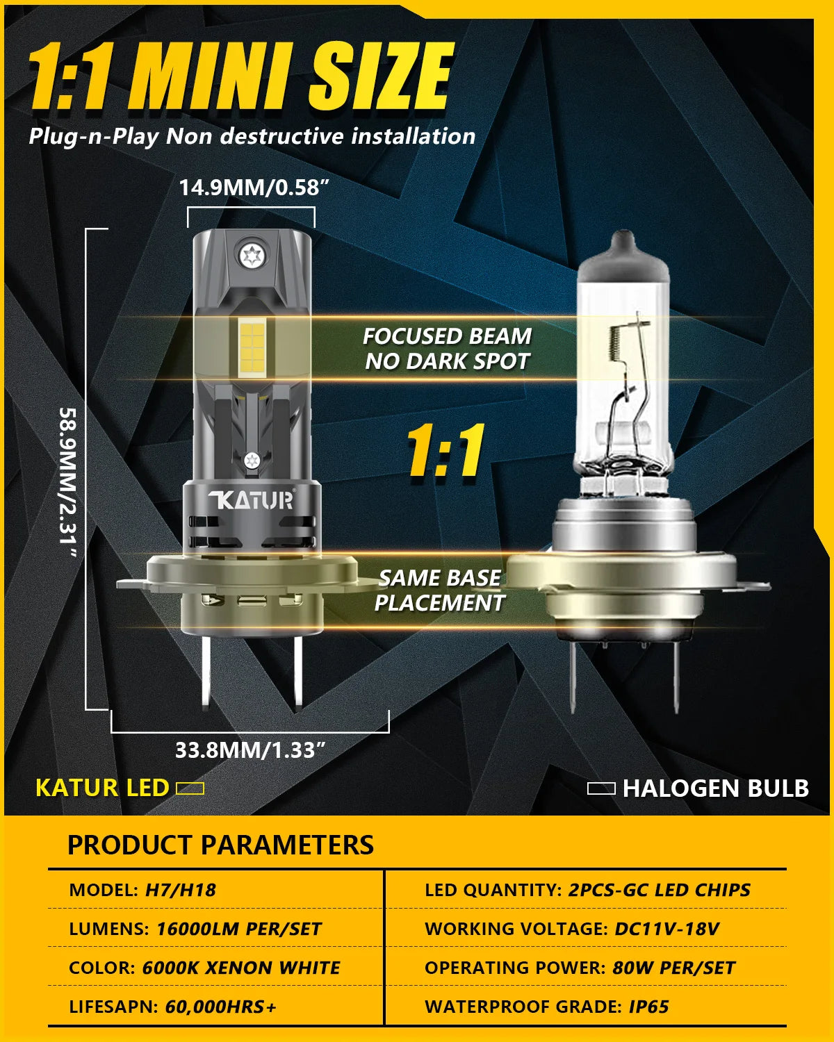 Katur H7 LED Headlight Bulbs 80W 16000LM H7 H18 Headlight Ca