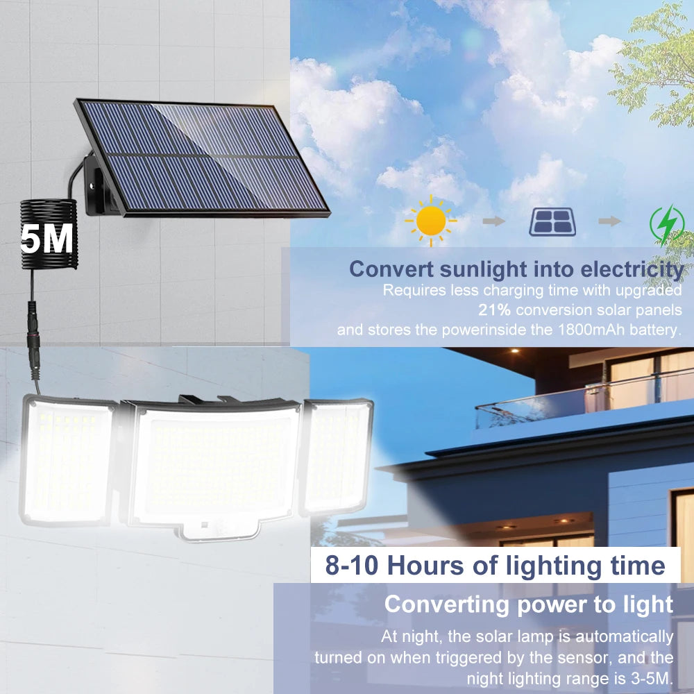 366 LED Solar Motion Sensor Security Outdoor Lights 3 Heads 