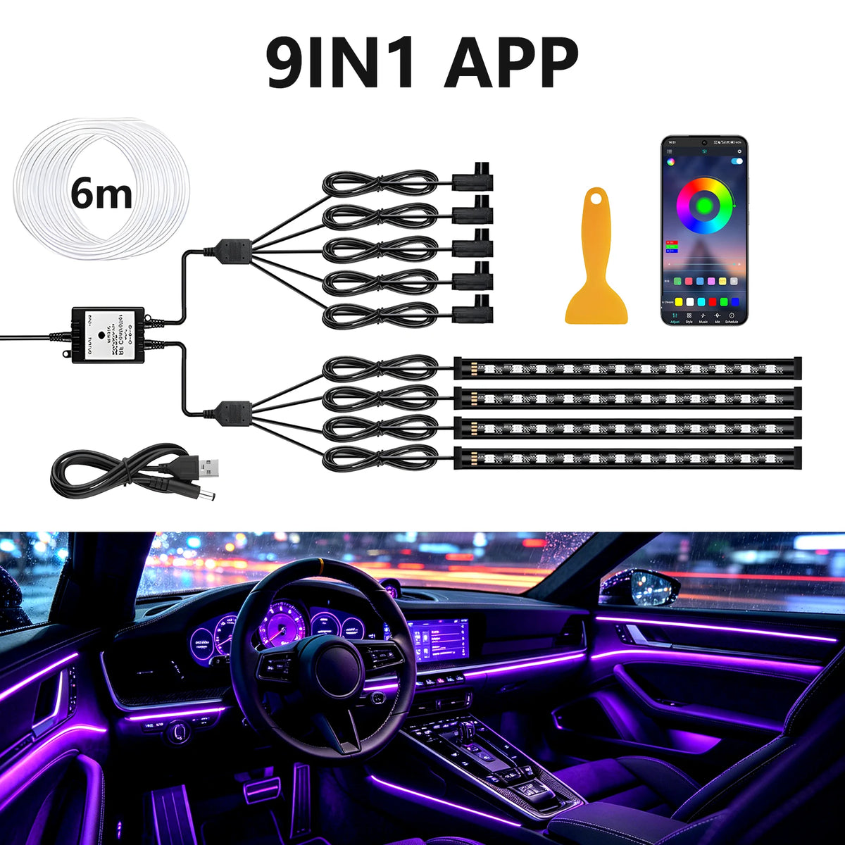 LED Car Interior Ambient Strip Lights RGB Fiber Optic Atmosphere Lighting Kit App Remote Control Neon LED Auto Decorative Lamp