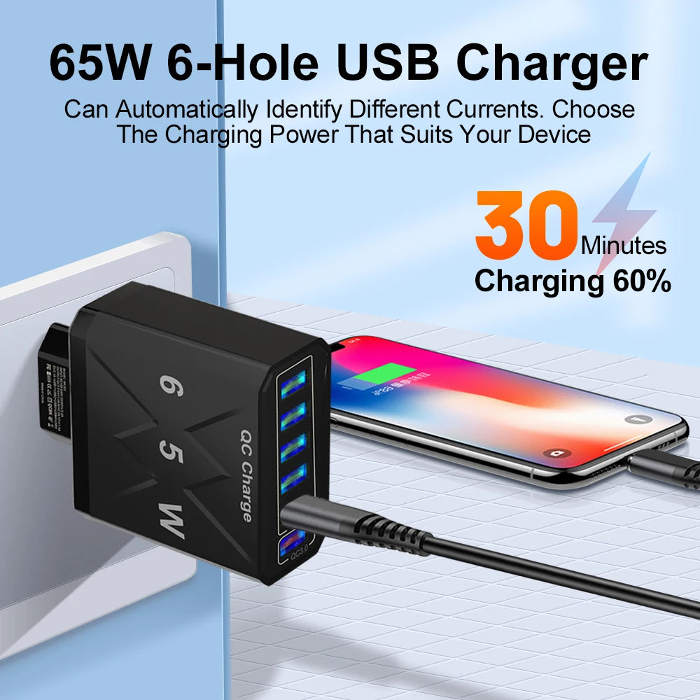 6 Ports USB Charger Fast Charging QC3.0 Travel Charger For I