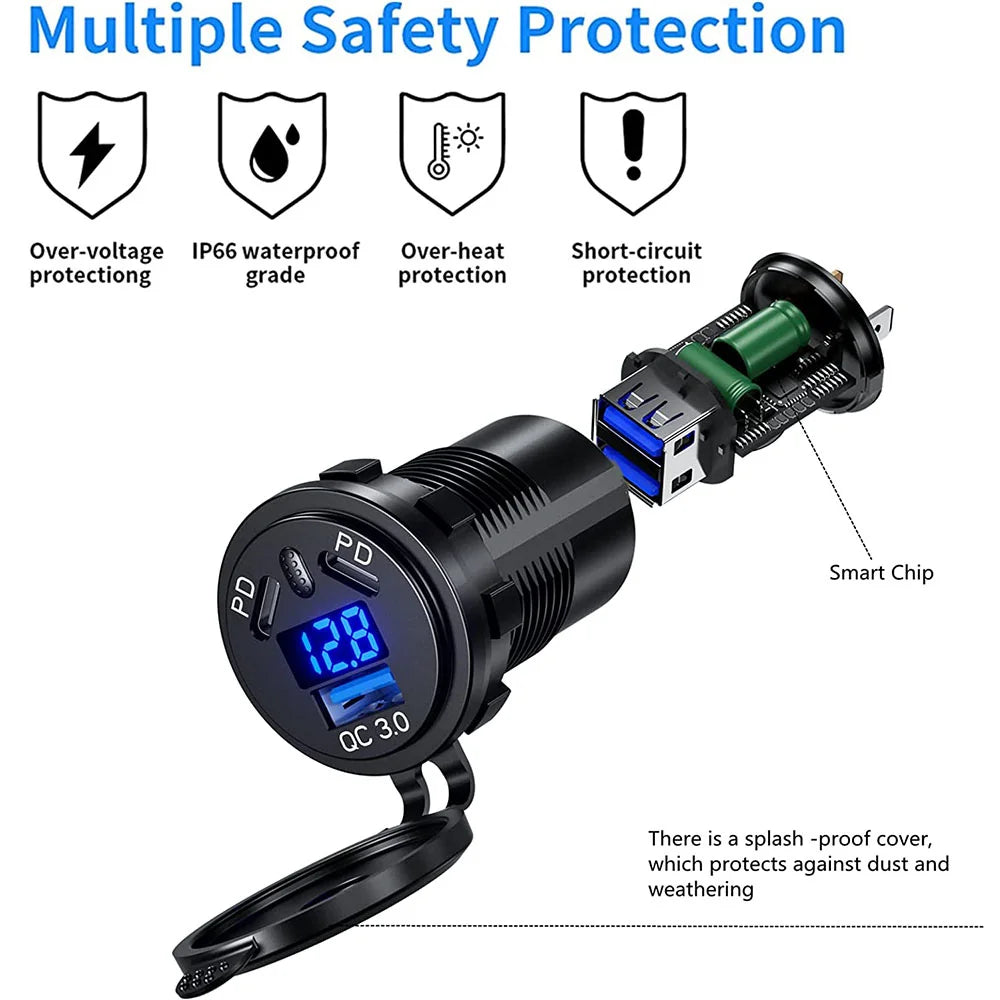 12V/24V USB Outlet 108W 3 Ports Car Charger Socket Dual 45W 