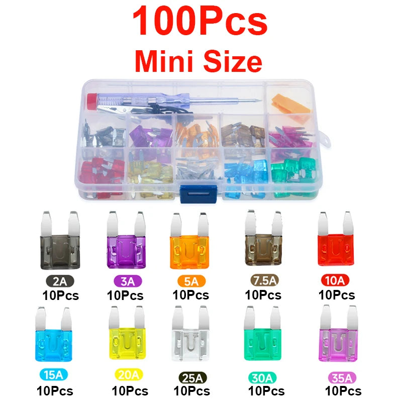 100/200Pcs Car Blade Fuse Assortment Kit Auto Truck Automotive Medium Small Sizes Mixed Motorcycle Circuit Fuse With Box 2A-35A