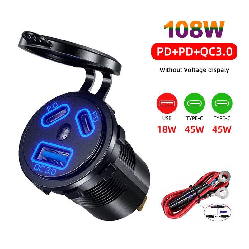 12V/24V USB Outlet 108W 3 Ports Car Charger Socket Dual 45W PD Type C & 18W QC 3.0 Motorcycle Socket Power Outlet Charge Adapter