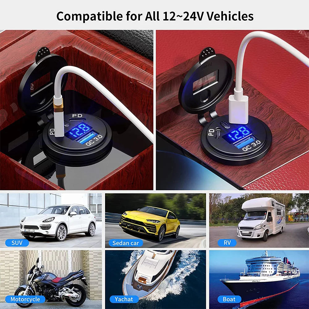 12V/24V USB Outlet 108W 3 Ports Car Charger Socket Dual 45W 